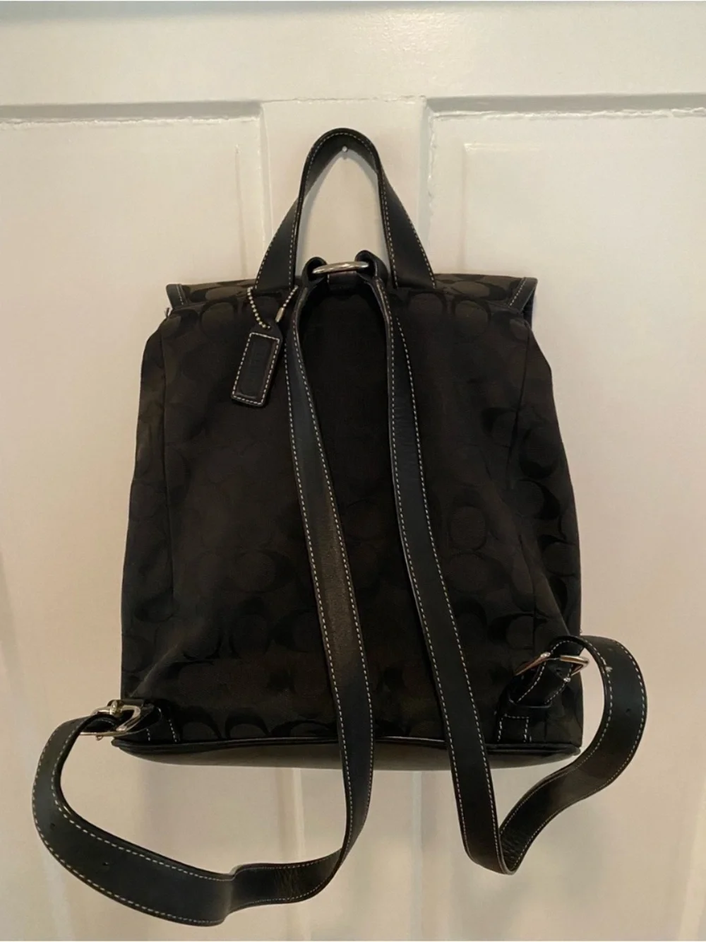Coach Black Signature Monogram Canvas Backpack with Leather Trim